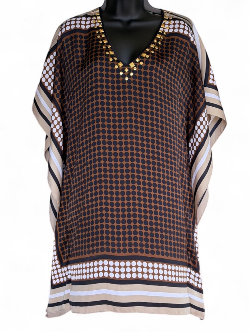 Brown Patterned V-Neck Women’s Tunic Dress